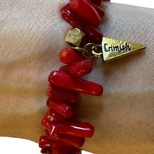 Red Erimish bracelet with multi shaped stones. Rhinestone bead, stretchy band.